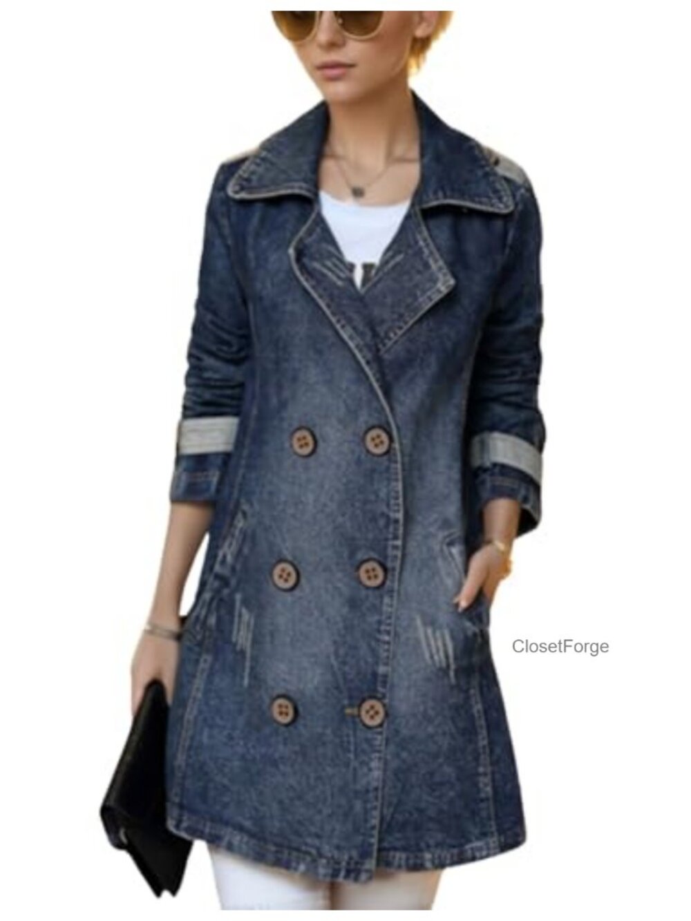 Mid Long Denim Trench Coat Double Breasted Distressed Ripped Jean Jacket